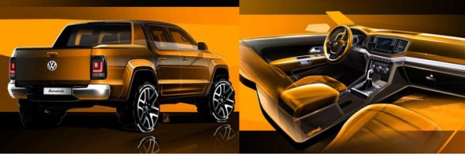 Внутри и снаружи Amarok выглядит более брутально. Правда, перед нами пока только скетчи — «живая»…