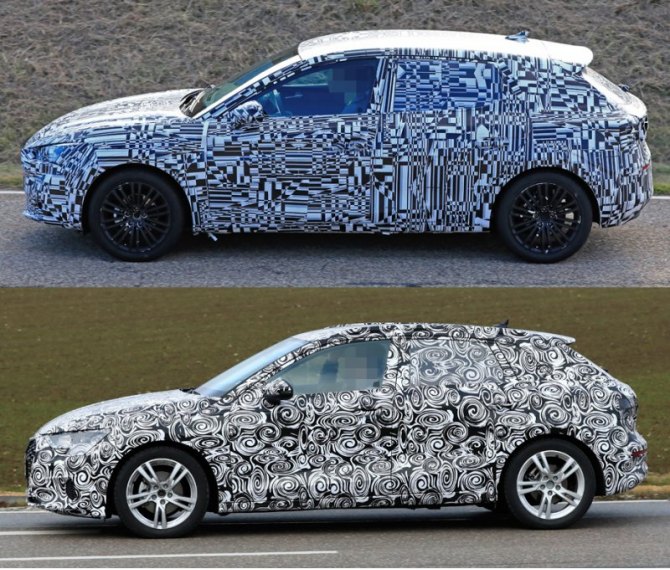 По пропорциям кузова Golf 8 будет напоминать новые поколения собратьев Seat Leon (вверху) и Audi A3…