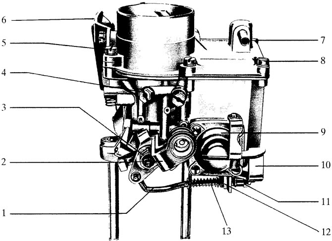 Рис. 1.2. Карбюратор Solex 31 Р1С(Т)-5 с ручным управлением воздушной заслонкой: 1 - тяга привода…