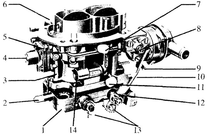 Рис. 3.1. Двухкамерный карбюратор «Solex» 38/38 ЕЕ1Т (вид со стороны зубчатых секторов): 1 - - блок…