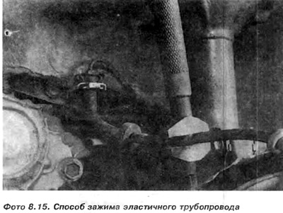 7. Заціснуць эластычны трубаправод малым ключом тыпу «француз» з тупымі гранямі, каб не выцякала…
