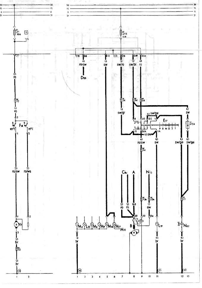 S-33 Schema electrică a ventilatorului radiatorului (250W). Modelele 1.6 și 1.8.