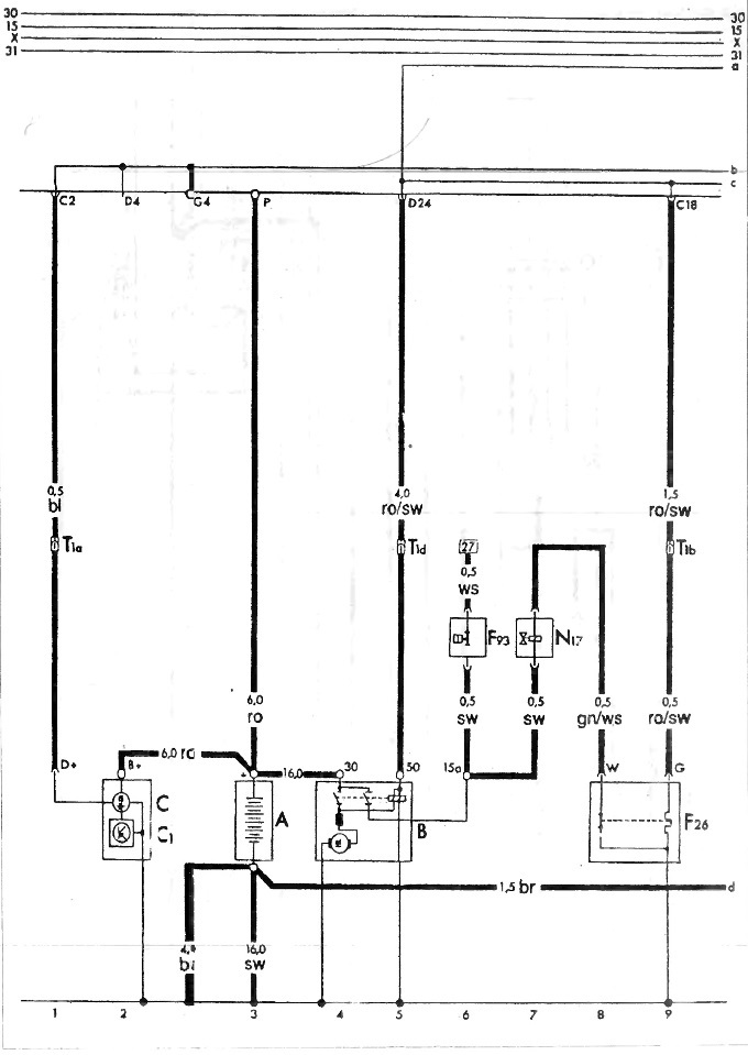 S-41 Wiring diagram of starter, generator, battery. Models 1.8 16V.