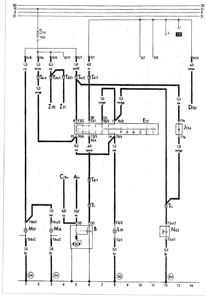 Schemat połączeń S-60 dla automatycznej skrzyni biegów. Modele 1.6 od 01.89