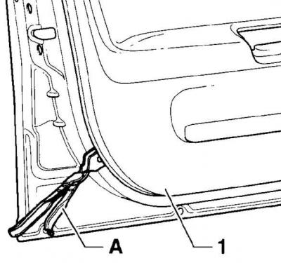 5. Remove the 7 screws (arrows) securing the inner door trim (1).