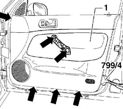 1. Insert the blade of the screwdriver (2) into the holes on the bottom of the inner door handle…