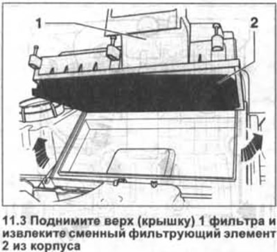 3. Повдигнете горната част (капак) 1 на филтъра и извадете сменяемия филтърен елемент 2 от корпуса…