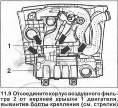 9. Разкачете корпуса на въздушния филтър 2 от горния капак 1 на двигателя, като развиете монтажните…