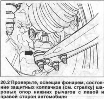 2. Перевірте, освітлюючи ліхтарем, стан захисних ковпачків (див. стрілку на ілюстрації) кульових…
