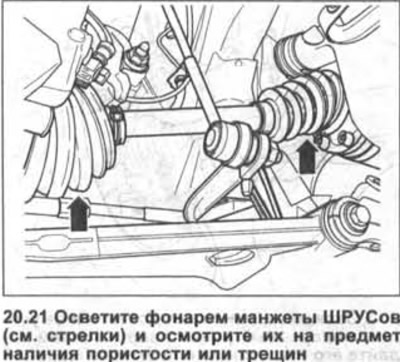 21. Освітіть ліхтарем манжети ШРУСів (див. стрілки на ілюстрації) і огляньте їх на наявність…