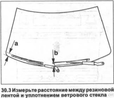 3. Odmerajte vzdialenosť medzi gumou stierača a tesnením čelného skla (pozri ilustráciu).