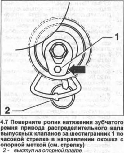 7. Turn the tension roller of the toothed belt of the exhaust camshaft drive by hexagon 1 clockwise…