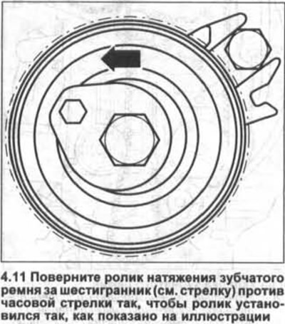 11. Turn the timing belt tension roller by the hexagon (see arrow in illustration) counterclockwise…