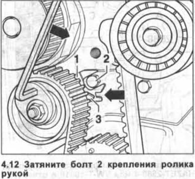 12. Tighten the roller mounting bolt 2 by hand (see illustration). Protrusion 1 on the support…
