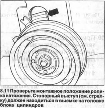 11. Check the mounting position of the tension roller. Locking lug (see arrow in illustration)…