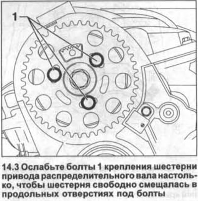 3. Отпустите завртње 1 који причвршћују зупчаник брегастог вратила тако да се зупчаник може…