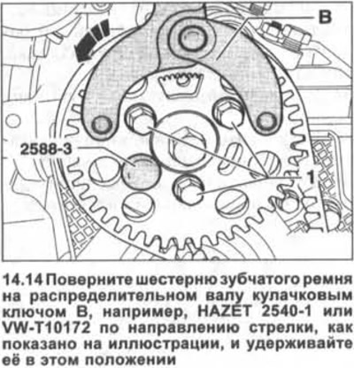 14. Окрените зупчаник разводног ремена на брегастом вратилу помоћу брегастог кључа Б. На пример,…