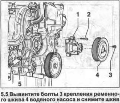 5. Викрутіть болти 3 кріплення ремінного шківа 4 водяного насоса і зніміть шків (див. ілюстрацію).