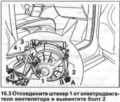 3. Odspojite utikač 1 s motora ventilatora i odvrnite vijak 2 (pogledajte ilustraciju).