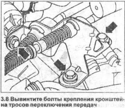 8. Odkręć śruby mocujące wspornik linki zmiany biegów (zobacz strzałki na ilustracji). W modelach…