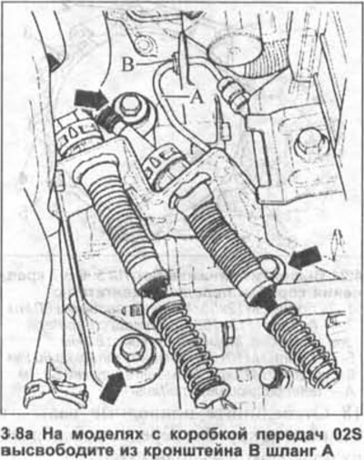8. Odkręć śruby mocujące wspornik linki zmiany biegów (zobacz strzałki na ilustracji). W modelach…