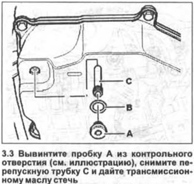 3. Одврните чеп А из отвора за преглед (погледајте илустрацију), уклоните бајпас цев Ц и пустите да…