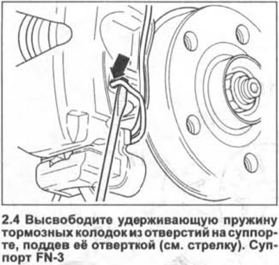 4. Супорт FN-3. Вызваліце ўтрымлівальную спружыну тармазных калодак з адтулін на суппорце,…