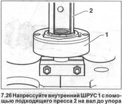 26. Apăsați articulația homocină interioară 1 pe arbore folosind o presă adecvată 2 până se oprește…