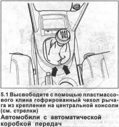 1. Вивільніть за допомогою пластмасового клина гофрований чохол важеля із кріплення на центральній…