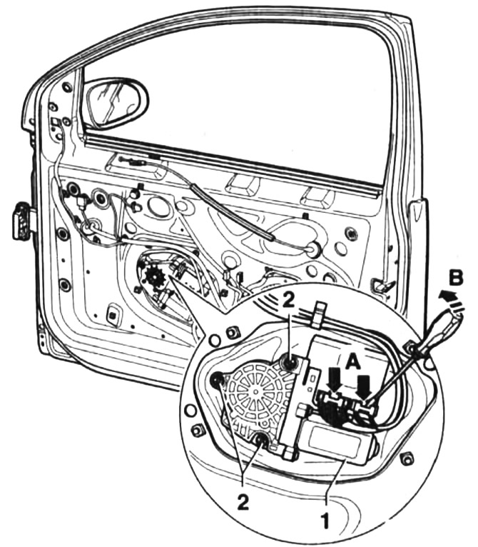 65.4. Disconnect the plugs from the electric motor 1 of the window lifter by pressing their leads…