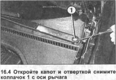 4. Отворите хаубу и помоћу одвијача уклоните поклопац 1 са осе полуге (погледајте илустрацију).