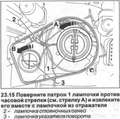 15. Фар с фасунга. Завъртете цокъла на 1 крушка обратно на часовниковата стрелка (вижте стрелка A…