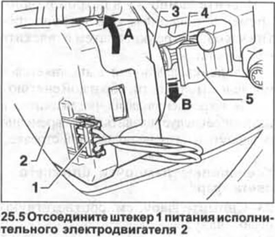 5. Изключете щепсела 1 от захранването на задвижващия двигател 2 (вижте илюстрацията).