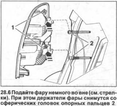 6. Преместете фара леко навън (вижте стрелките на илюстрацията). В този случай държачите на…