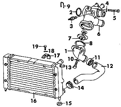 Figure 105. Thermostat: 1 - thermostat housing cover, 2 - gasket, 3 - temperature sensor, 4 -…