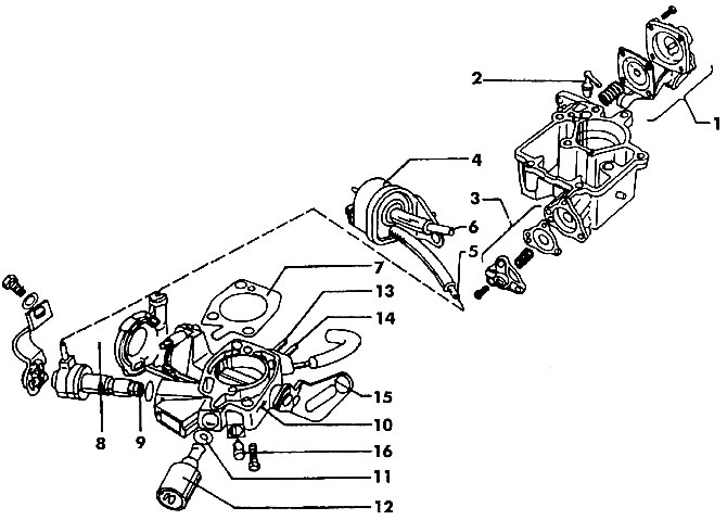 Мал. 130. Корпус карбюратара WEBER TLA: 1 - паскаральная помпа; 2 - распыляльнік; 3 - клапан…