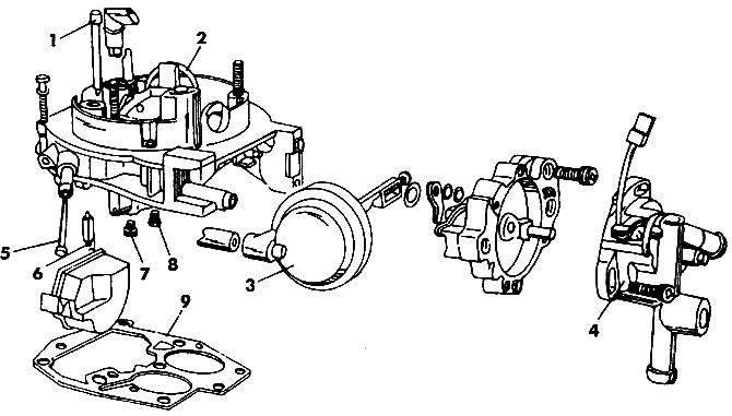 Figure 141. Carburetor cover PIERBURG 2E3: 1 - idle air jet and emulsion tube, 2 - power mode…