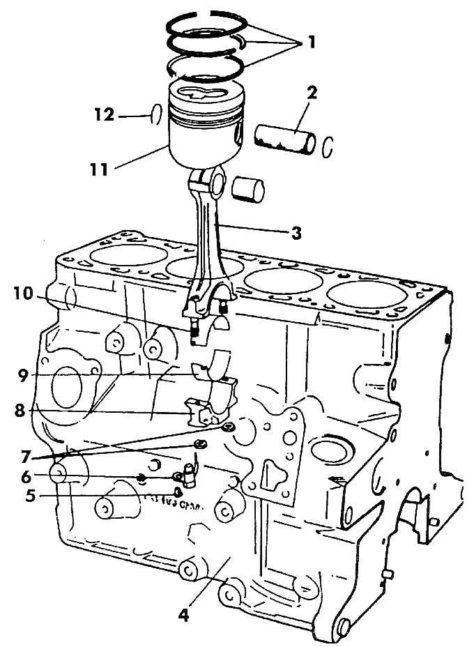 Figura 199. Unități și părți ale bielei și grupului de piston: 1 - segmente de piston; 2 - bolt…