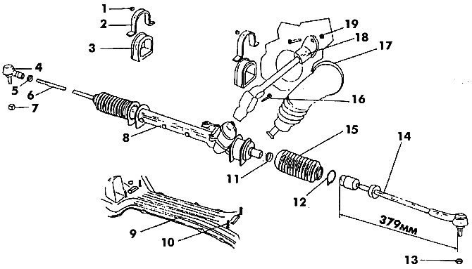Rysunek 383. Mechanizm kierowniczy: 1 - nakrętka (30 Nm); 2 - zacisk; 3 - poduszka; 4 - zewnętrzna…