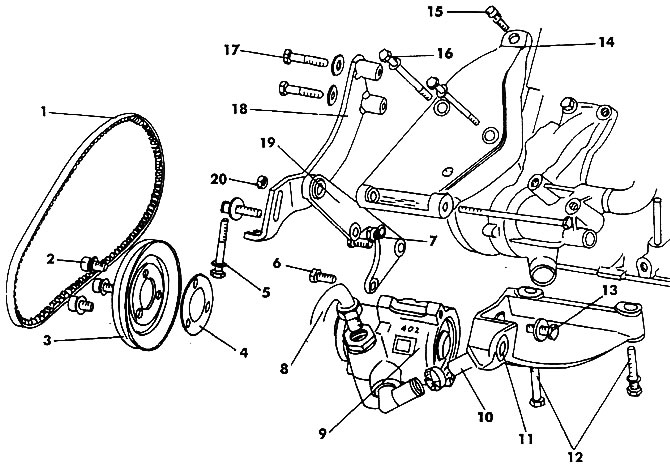 Figure 396. Power steering pump mounting elements: 1 - V-belt; 2, 6, 12, 13, 15, 16, 17 - bolts (20…