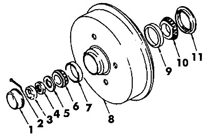 Фиг. 412. Главина на задното колело: 1 - капачка на главината; 2 - шплинт; 3 - образна шайба; 4 -…