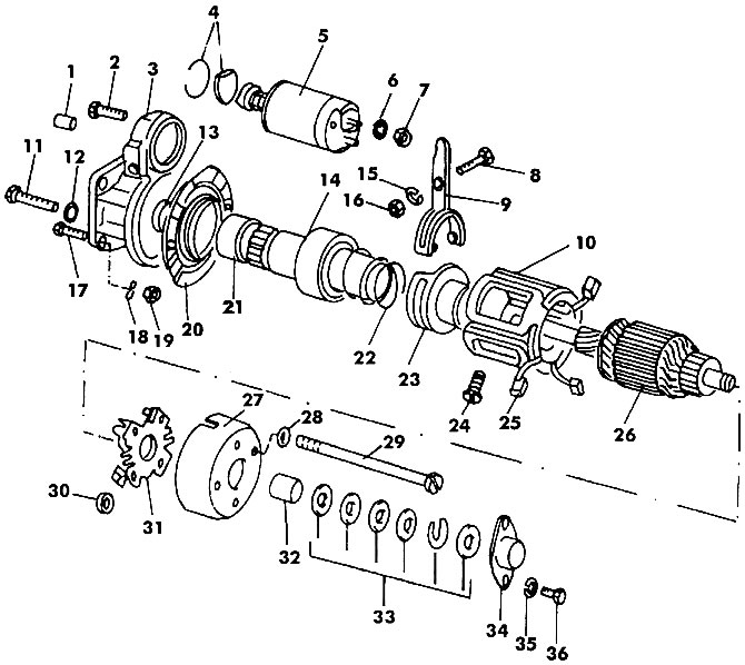 Figure 447. Starter: 1 - heel pad; 2 - bolt; 3 - back cover; 4 - fork mounting parts; 5 - pull-in…