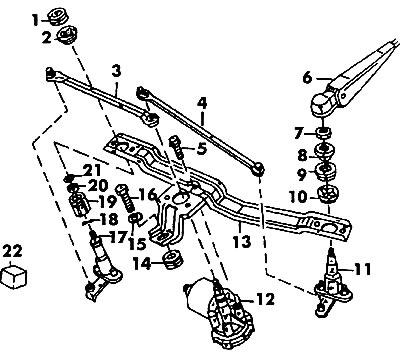 Kresba 454. Pohon predných stieračov (1,3L motor): 1, 8, 14 - dištančné krúžky; 2. 10, 15 -…