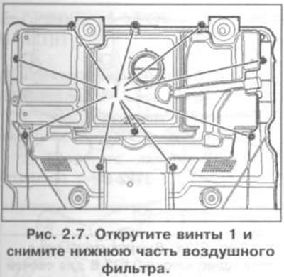 19. Одврните завртње 1 и уклоните доњи део филтера за ваздух (слика 2.7).