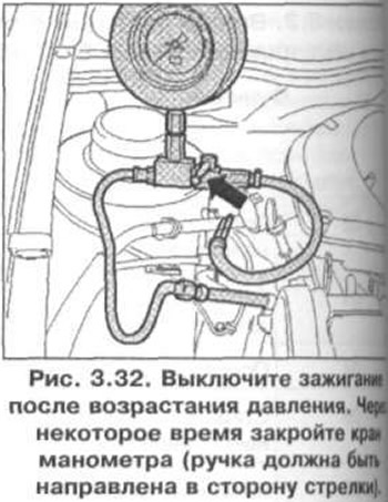 7. Выключите зажигание после возрастания давления. Через некоторое время закройте кран манометра…