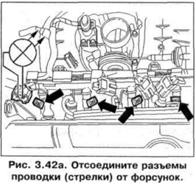 2. Отсоедините разъемы проводки (стрелки) от форсунок (рис. 3.42 а).