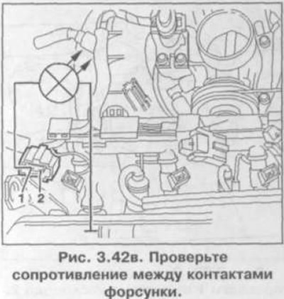 11. Проверьте сопротивление между контактами форсунки (рис. 3.42 в). Спецификационное…