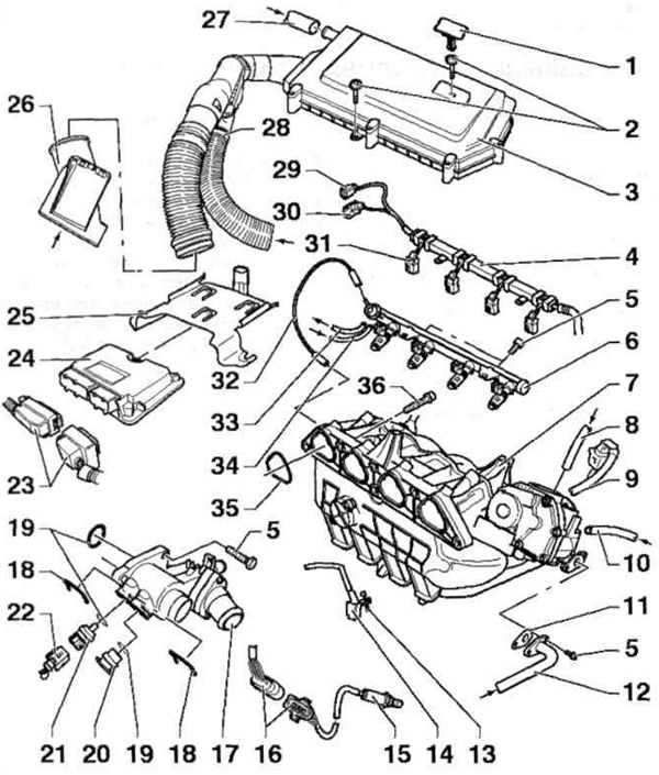 Фиг. 4.24 б. Разположение на компонентите на системата за впръскване на гориво и запалване: