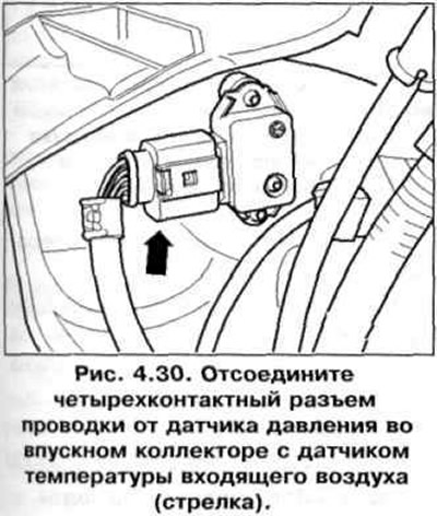 7. Изключете четири-щифтовия съединител на кабелите от сензора за налягане във всмукателния…