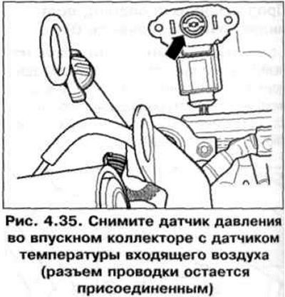 10. Отстранете сензора за налягане във всмукателния колектор със сензора за температура на входящия…